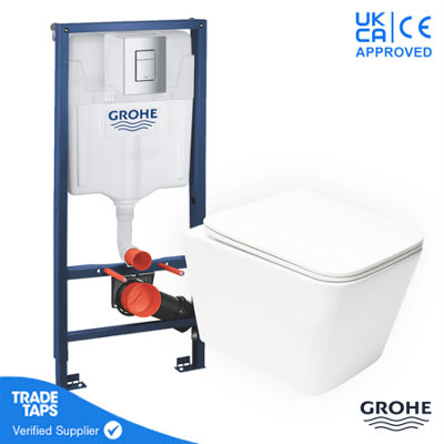 Square Rimless Wall Hung Toilet Wc Pan With Grohe 1.13M Concealed Cistern Dual Flush  FrameChrome from B&Q