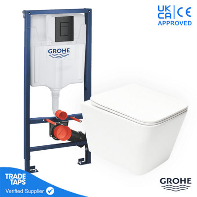 Square Rimless Wall Hung Toilet Wc Pan With Grohe 1.13M Concealed Cistern Dual Flush  FramePhantom Black from B&Q