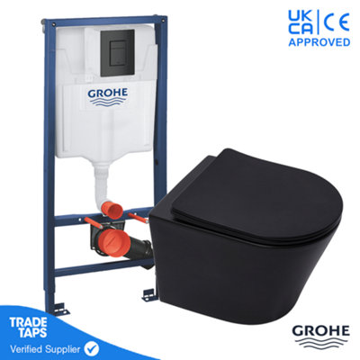 Black Wall Hung Toilet Wc Pan With Grohe 1.13M Concealed Cistern Dual Flush  FramePhantom Black from B&Q