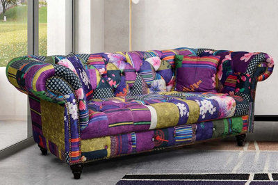 Multicoloured Fabric Patchwork 2 Seater Scroll Arm Chesterfield Sofa from B&Q