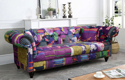 Multicoloured Fabric Patchwork 3 Seater Scroll Arm Chesterfield Sofa from B&Q