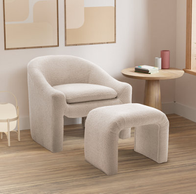 Boucle Teddy Fabric Accent Chair In White With Footstool from B&Q