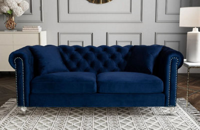 Velvet Navy Blue 3 Seater Chesterfield Sofa With Acrylic Feet