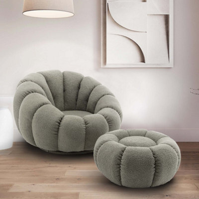 Teddy Boucle Fabric Sage Green Swivel Accent Chair With Footstool from B&Q