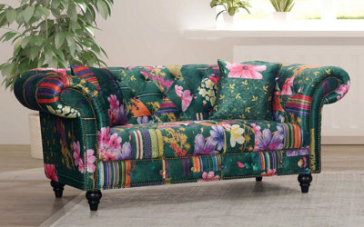 Fabric Green Patchwork 2 Seater Scroll Arm Chesterfield Sofa from B&Q