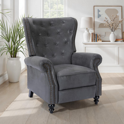 Faux Leather Suede Grey Buttoned Wingback Recliner Chair from B&Q