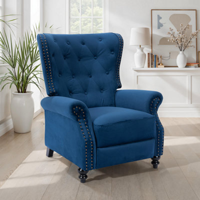 Velvet Blue Buttoned Wingback Recliner Chair from B&Q