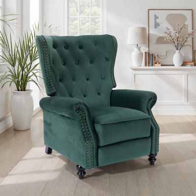 Velvet Bottle Green Buttoned Wingback Recliner Chair from B&Q
