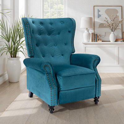 Velvet Teal Buttoned Wingback Recliner Chair from B&Q