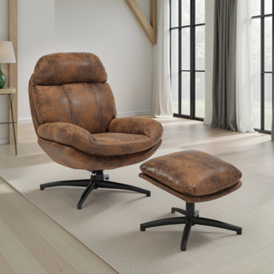 Brown Swivel Armchair With Footstool In Faux Leather Suede from B&Q