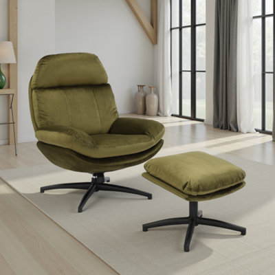  - Sage Green Swivel Armchair With Footstool In Velvet Upholstery