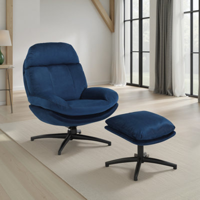  - Velvet Blue Swivel Armchair With Footstool
