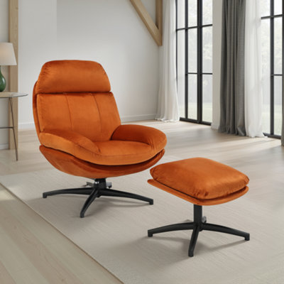  - Orange Swivel Armchair With Footstool In Velvet Upholstery