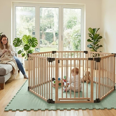 Safetots Wooden Play Den Hexagon 6 X 80CmNatural Wood76Cm HighWith Soft Foam Play MatSoft Green180Cm X 150Cm from B&Q