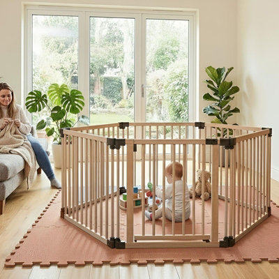 Safetots Wooden Play Den Hexagon 6 X 80CmNatural Wood76Cm HighWith Soft Foam Play MatMocha180Cm X 150Cm from B&Q