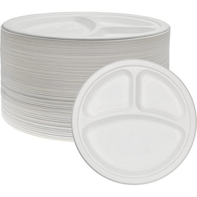 Econx 3 Compartment Bagasse Plates 10" Disposable Dinner Party Plates Heavy Duty For RestaurantPartiesEvents X 50Pk from B&Q