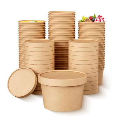 Econx 8Oz Disposable Paper Soup Cups Food Containers With Lids Paper Bowl Brown Kraft Takeaway Tubs X 100Pk from B&Q