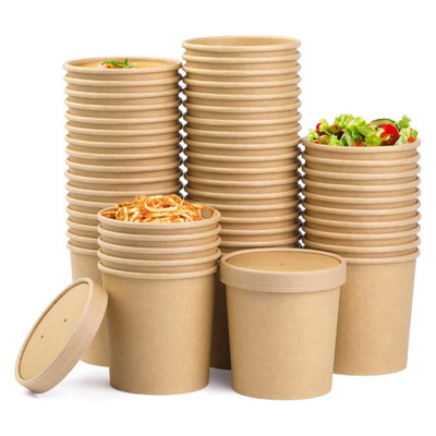 Econx 16Oz Disposable Paper Soup Cups Food Containers With Lids Paper Bowl Brown Kraft Takeaway Tubs X 25Pk from B&Q