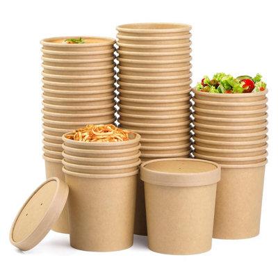 Econx 16Oz Disposable Paper Soup Cups Food Containers With Lids Paper Bowl Brown Kraft Takeaway Tubs X 200Pk from B&Q