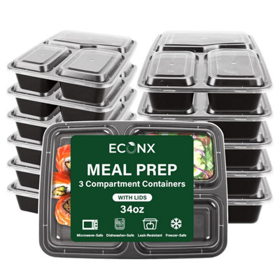  - Econx 34Oz 3 Compartment Meal Prep Food Containers With Airtight Lids Reusable Bpa Free Plastic Bento Lunch Boxes X 10Pk