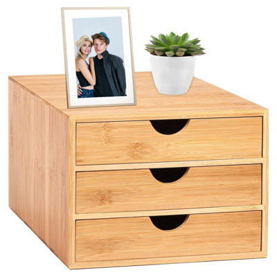 Mantraraj Bamboo Desk Top 3 Drawers Organiser Drawer Box With 3 Closed Drawers Stationary Makeup Storage Unit Cabinet from B&Q