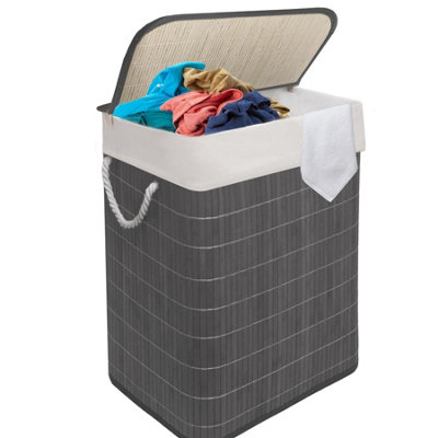 Mantraraj Bamboo Laundry Hamper 105L Dual Compartment Basket Removable Liner Foldable Storage Hamper With Lid Grey from B&Q