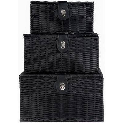 Mantraraj Woven Resin Wicker Hamper Basket Set Of 3 Storage Baskets Hamper Box With Lid & Lock Decorative (Black) from B&Q