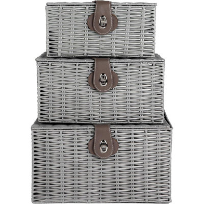 Mantraraj Woven Resin Wicker Hamper Basket Set Of 3 Storage Baskets Hamper Box With Lid & Lock Decorative (Grey) from B&Q