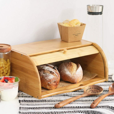 Mantraraj Bamboo Bread Bin Storage Counter Top Roll Top Bread Box Food Storage Containers Bread Bin from B&Q