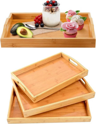 Mantraraj Bamboo Serving Trays Set Of 3 Wooden Platters Breakfast Serving Tray Wooden Food Trays With Handle from B&Q