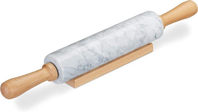  - Mantraraj Marble Rolling Pin With Wooden Handle Roller For Cooking Baking With Wooden Stand Non-Stick White