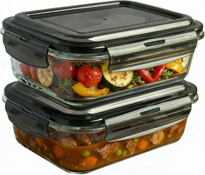 B&Q Mantraraj 2 Pack Airtight Glass Food Storage Container 1100Ml Silicone Seal Plastic Lids Meal Prep Takeaway Lunch Boxes