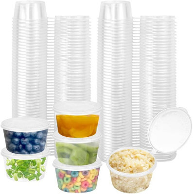 Econx 100 X 2Oz Sauce Pots With Hinged Lids Round Disposable Plastic Deli Containers Portion Cups For SaucesJello Shots Snacks from B&Q
