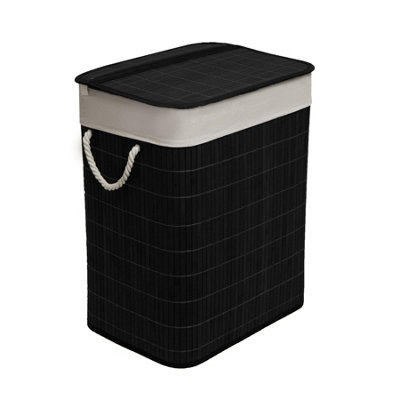 Mantraraj Bamboo Foldable Laundry Basket With Lid 65L Square Hamper Basket With Liner Laundry Bin Storage Box Black from B&Q