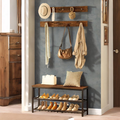 Rafaelo Mobilia Hallway Shoe Bench Set with 9 Hooks and Shelf - Brown - Wood/Metal - Image 4