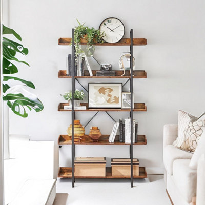 Rafaelo Mobilia Industrial 5 Tier Bookcase - Rustic Brown - Image 3