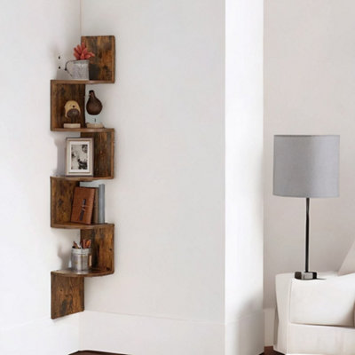 B&Q -  5 Tier Wall Mounted Floating Corner Shelf Rustic Brown