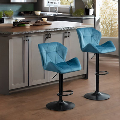 Rafaelo Mobilia Set of 2 Adjustable Retro Blue Bar Stools - Velvet Feel Upholstery - Metal Base - 120kg Load - Image 4