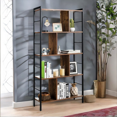 Rafaelo Mobilia 5 Tier Bookcase - Metal Frame - Brown - 154cm - Image 3
