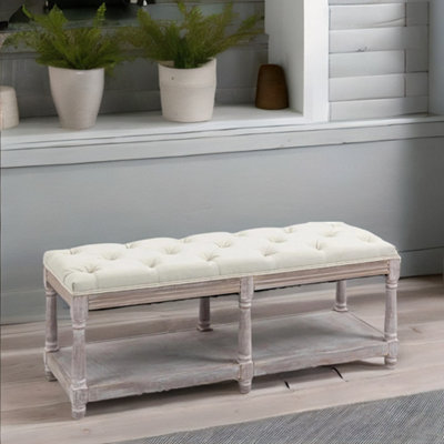 Rafaelo Mobilia Unisex Light Brown Upholstered Wooden Bench Seat With Shelf Cream White In Size 48 - Image 4