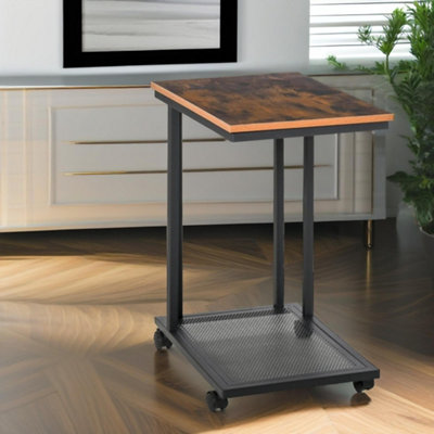 Rackhams Brown Industrial C Shaped Side Table With Mesh Shelf & Wheels - Image 3