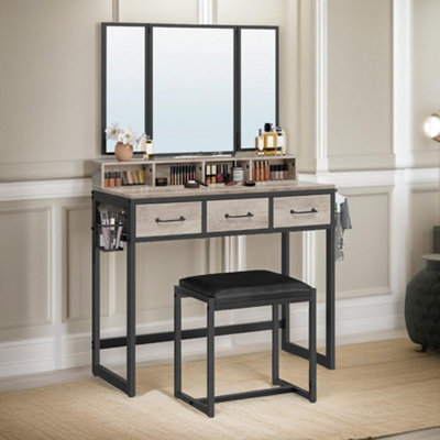 Pirlo Plush 3 Drawer Dressing Table With Mirror And Stool Greige