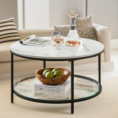 Pirlo Plush 2 Tier Round Faux Marble Coffee Table White/Black