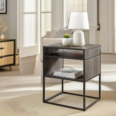 Pirlo Plush Industrial Square Side Table With Open Storage Walnut Grey