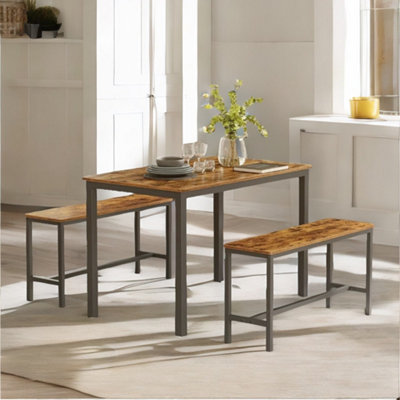 Pirlo Plush Dining Table & Bench Set Kitchen Living Room Industrial Rustic Furniture Brown