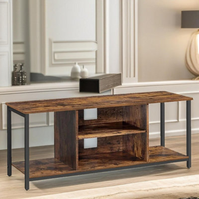 Pirlo Plush Brown Wide Tv Stand Cabinet With Open Shelves Rustic Furniture 120Cm