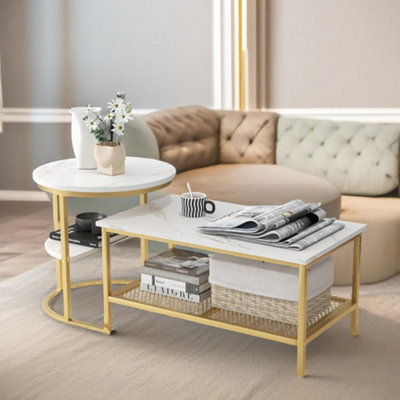 Pirlo Plush Faux Marble 2Pc Nesting Tables Set Living Room Furniture Gold from B&Q