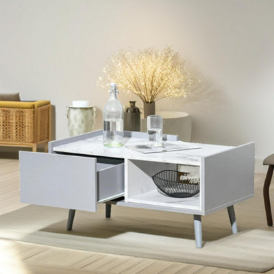 Pirlo Plush Faux Marble Coffee Table With Storage Shelf & Drawer Living Room Furniture from B&Q