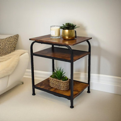 Pirlo Plush Unisex Brown 3 Tier Side Table Rustic Industrial Living Room Furniture - Image 3