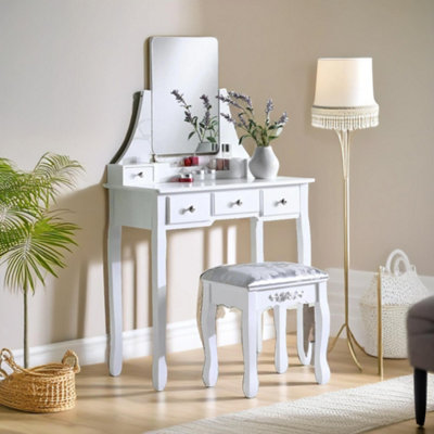 Pirlo Plush Dressing Table With 5 Drawers Mirror And Stool White